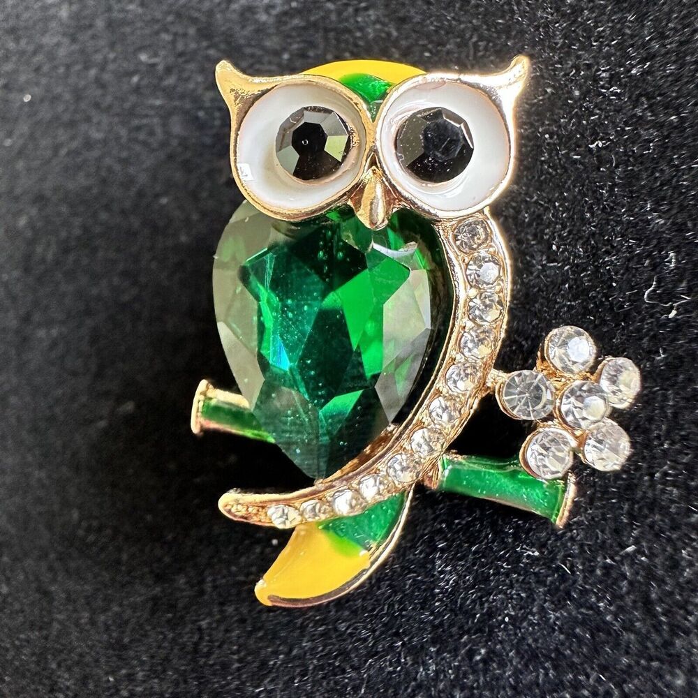 Adorable Owl, Green, Yellow, White Enamel Emerald Rhinestones & Crystals Brooch
